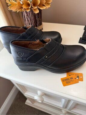 Ariat Steel Toe EH Work Shoes Women’s 7.5B Black Leather Slip On Clogs 1002368